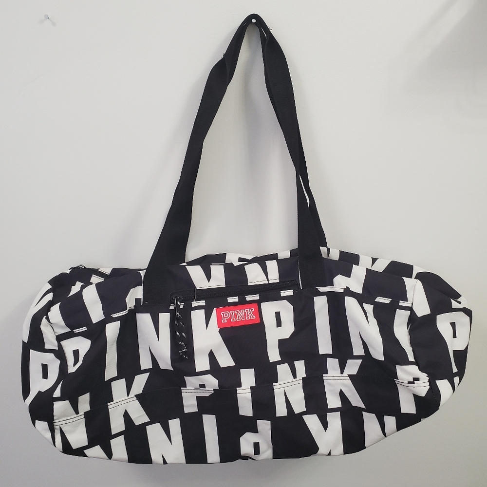 Victoria's Secret Pink Logo Duffle Bag Front Pocket Black and White